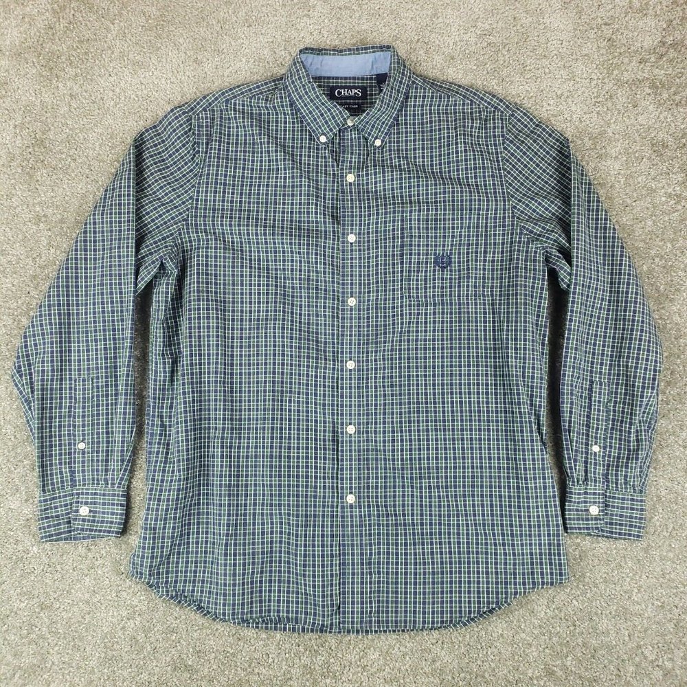 Chaps Shirt Large L Mens Green Blue Check Long Sleeve Logo Collared Button Down